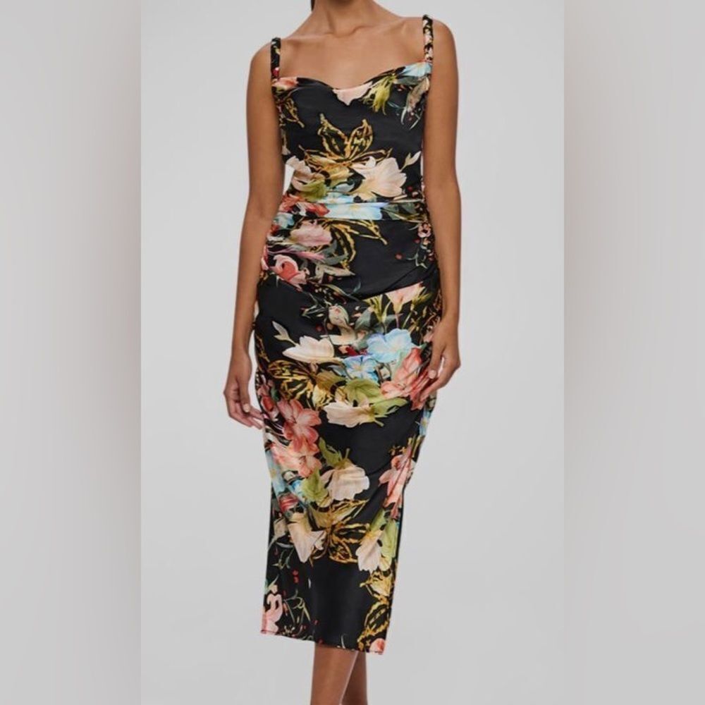 Leo Lin Women's Black Rachel Cowl-Neck Floral Silk Midi Slip Dress Size 6